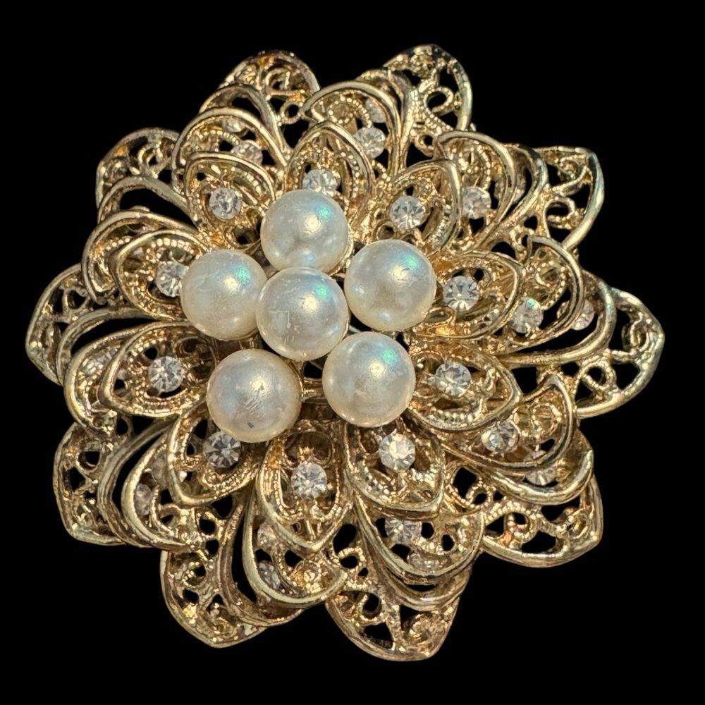 Elegant Gold, Pearl, and Rhinestone Brooch/Hair Clip